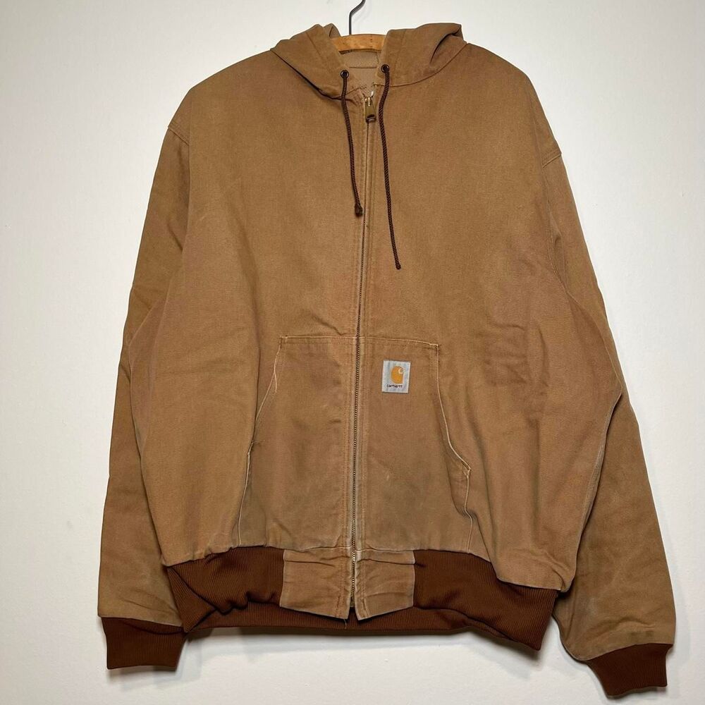 Vintage 1998 Carhartt Tan Canvas Zip Up Workwear Hooded Jacket Size XLarge